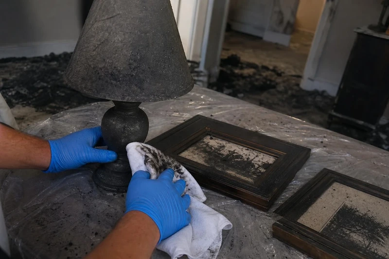 Soot wiped from salvageable belongings after a McKinney house fire