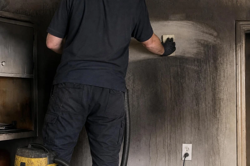 Technician wiping soot from a smoke damaged wall inside a McKinney home after a house fire