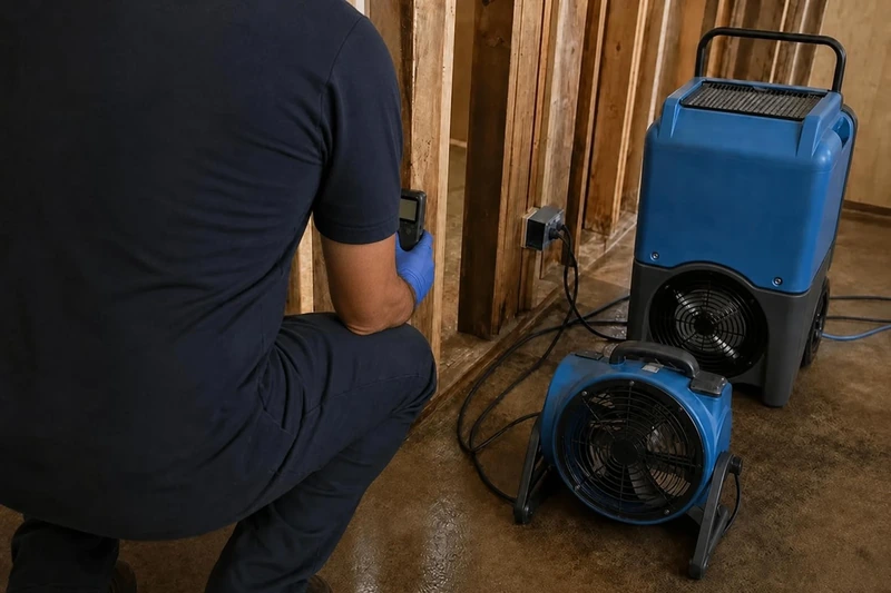 Air movers and a dehumidifier drying a McKinney home with the wall studs exposed after cleanup.