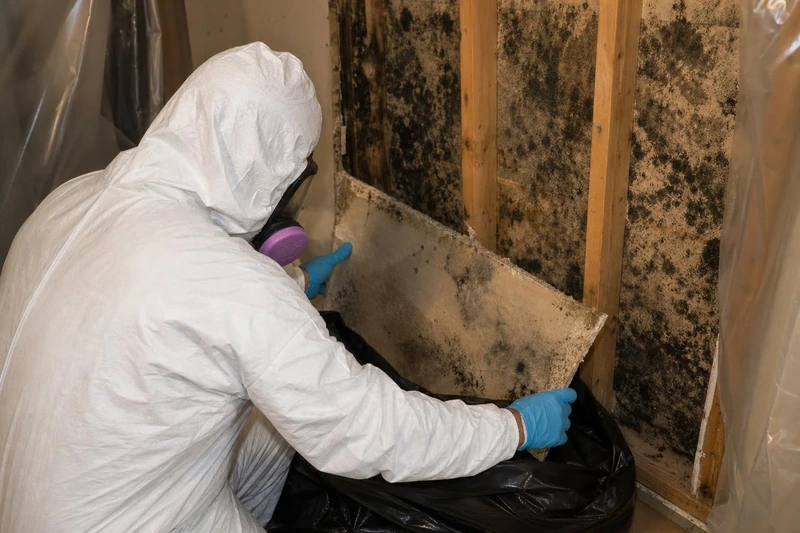 Technician in full containment gear removing mold-affected drywall in a McKinney home