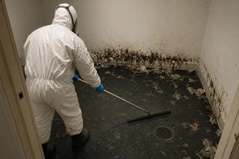 Disinfectant worked across a bathroom floor after a McKinney sewage backup was cleared