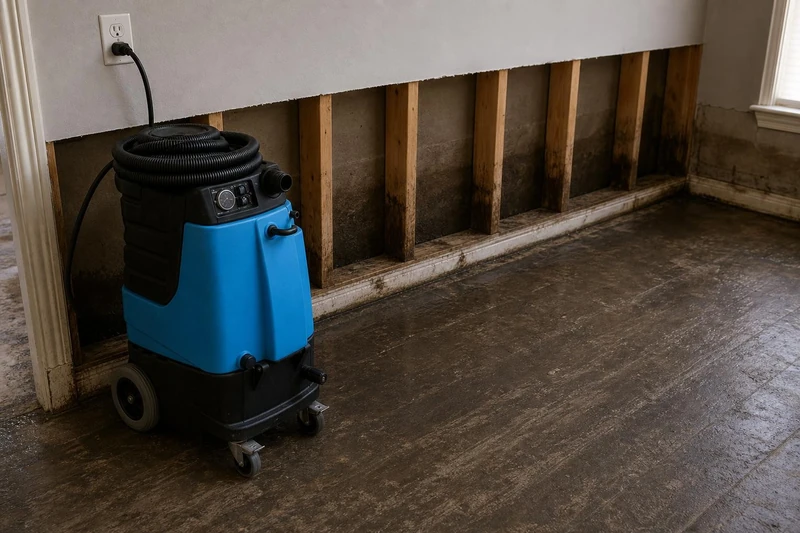 A technician working an extraction wand down the carpeted stairs of an Allen home after a water loss.