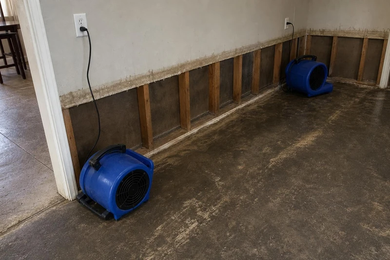 Air movers drying the floor of a Celina home after extraction
