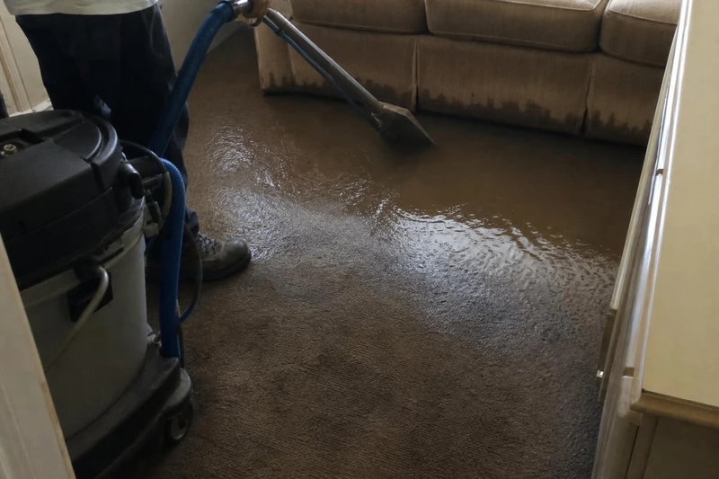 A portable extractor working standing water out of the carpet in a Celina, Texas home