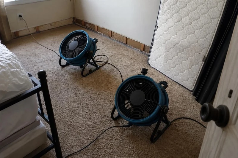 Air movers drying a carpeted bedroom after a hard-freeze pipe break in a Craig Ranch home, wall opened along the baseboard.