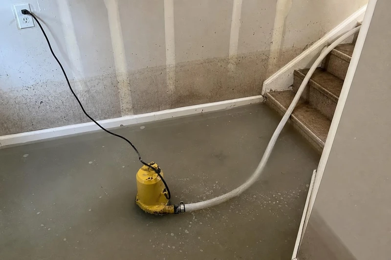 Extraction equipment pulling standing water from the floor of a two-story Craig Ranch home in McKinney