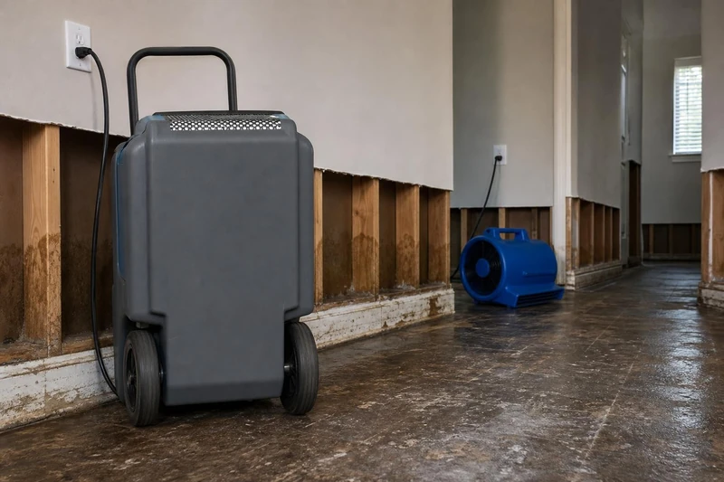 A moisture meter checked against a stained wall in a Fairview home, air mover and dehumidifier running behind.