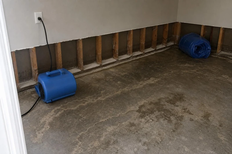 Technician wet vacuuming muddy water off a bathroom floor in a Fairview, TX home