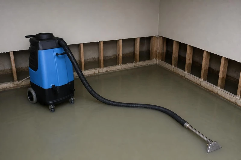 A submersible pump clearing standing water from a Prosper laundry room.