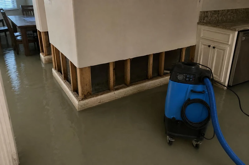 Extraction equipment pulling standing water off a slab foundation floor in a Prosper TX home after a supply line failure