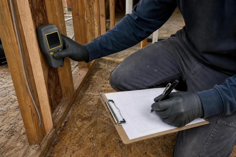 Technician checking a moisture meter reading on the upstairs subfloor of a two-story Stonebridge Ranch home to see how far the water traveled.
