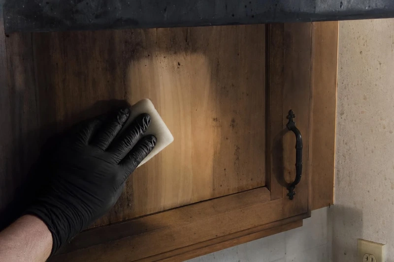 Soot wiped from kitchen cabinets after a grease fire in a Trinity Falls home.