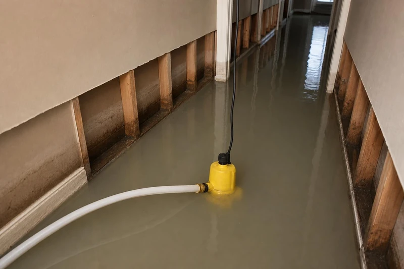 Water extraction equipment running across engineered hardwood flooring inside a newly built Trinity Falls home after a supply line failure